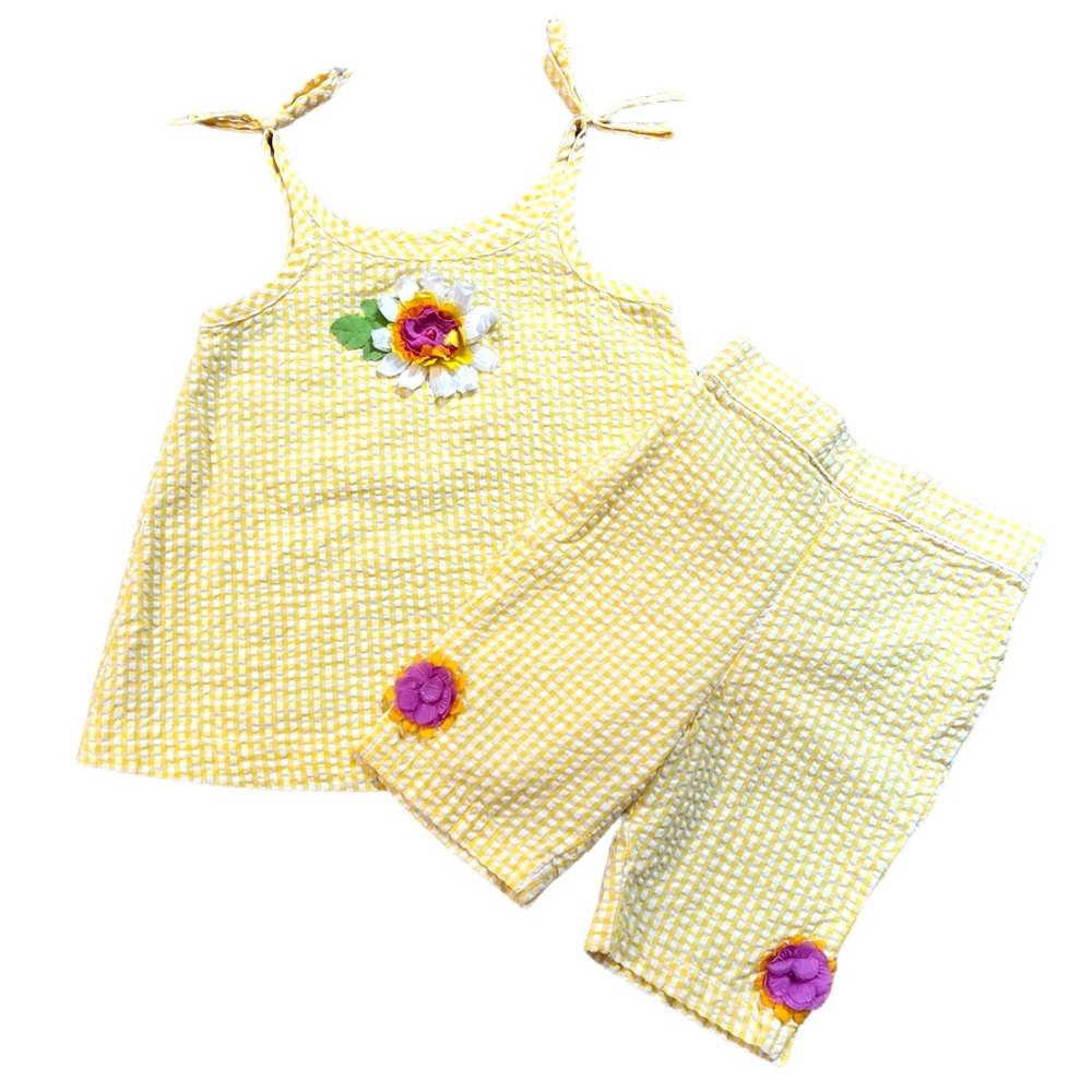 Good Lad Vintage Seersucker Summer Set Baby Girl Size 12 Months Yellow Plaid
